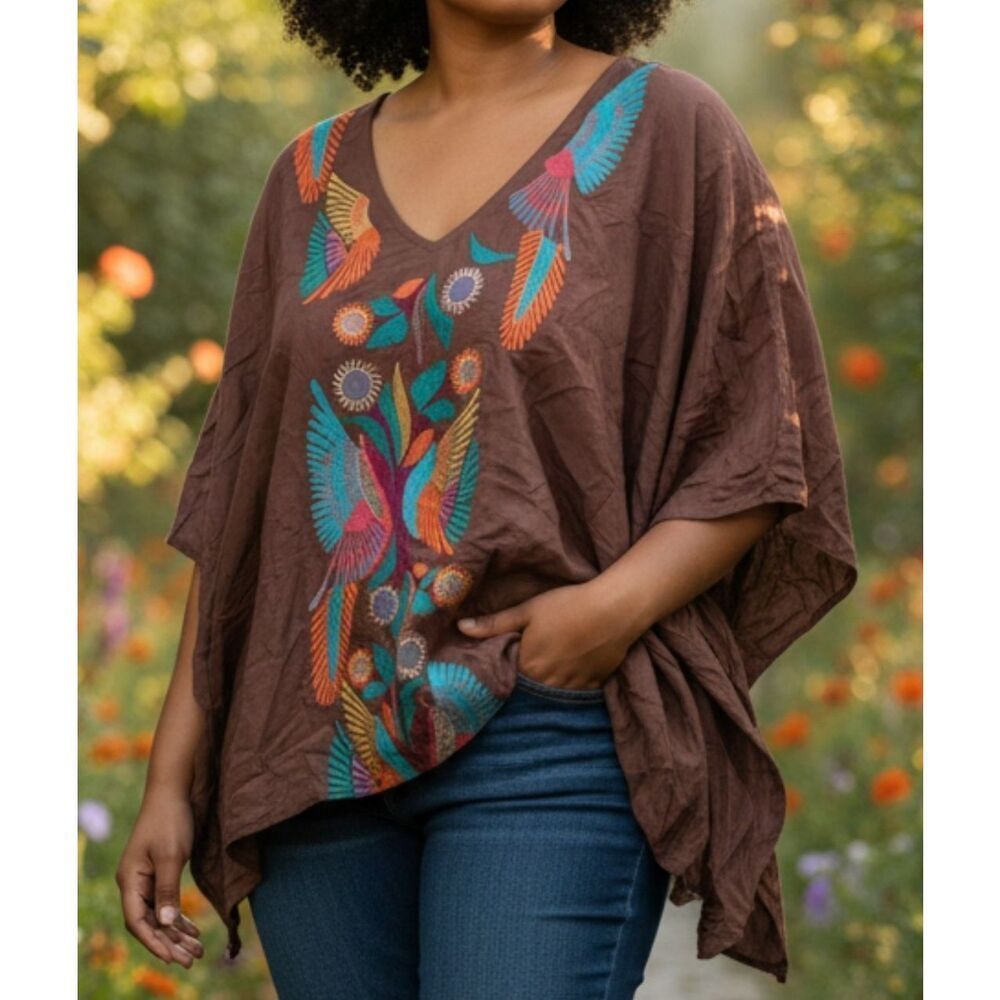 Judith March Embroidered Boho Poncho Womens Size S Brown Bohemian Top V-Neck